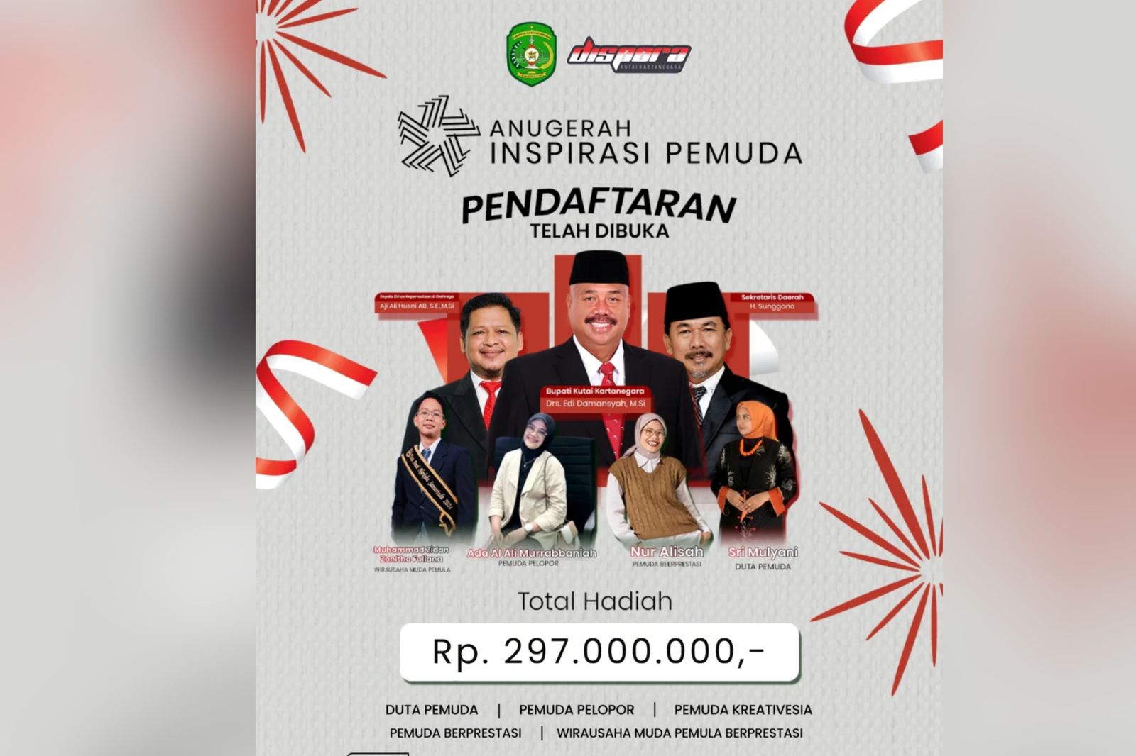 Poster pendaftaran Anugerah Inspirasi Pemuda yang dilaksanakan oleh Dispora Kukar. (Foto: Dispora Kukar)