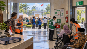 Ilustrasi kesiapan SMK3 di kantor pemerintah untuk melindungi pegawai dan pengunjung saat demonstrasi berlangsung.